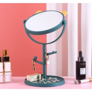 Oglina Cosmetica cu Picior, Flippy, HD, Rotire 360 Grade, 15 cm Diametru, Suport Bijuterii Baza Rotunda + 2 Brate, Model cu Urechi, 31 x 14.5 x 15 cm, din Plastic, Albastru/Galben - Img 4