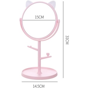 Oglina Cosmetica cu Picior, Flippy, HD, Rotire 360 Grade, 15 cm Diametru, Suport Bijuterii Baza Rotunda + 2 Brate, Model cu Urechi, 31 x 14.5 x 15 cm, din Plastic, Roz/Alb - Img 2