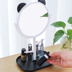 Oglina Cosmetica cu Picior, Flippy, HD, Rotire 360 Grade, 15 cm Diametru, Suport Bijuterii Baza + Brate, Model cu Urechi, 30 x 16.5 x 15 cm, Alb/Negru - Img 2