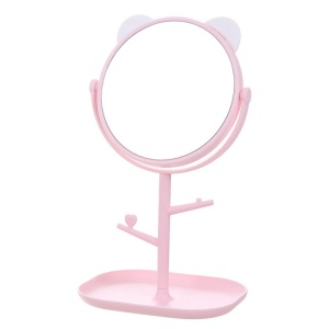 Oglina Cosmetica cu Picior, Flippy, HD, Rotire 360 Grade, 15 cm Diametru, Suport Bijuterii Baza + Brate, Model cu Urechi, 30 x 16.5 x 15 cm, Roz - Img 1