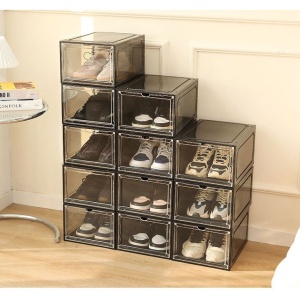 Organizator de Pantofi, Flippy, din PP+ABS, Usa Frontala Magnetica, Rezistenta la Praf, Anti-Oxidare, Utilizare Multipla, 36 x 28 x 21 cm, Gri Transparent - Img 6