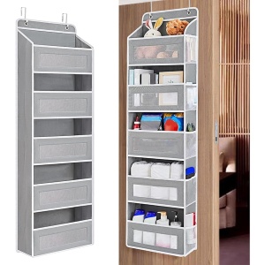 Organizator Suspendat pentru Usi, Flippy, din Nailon si Plasa, Baza de Carton Ingrosat, 5 Buzunare Principale + 5 Buzunare Laterale, 146 x 40 x 17 cm, 2 Carlige Incluse, Gri - Img 3