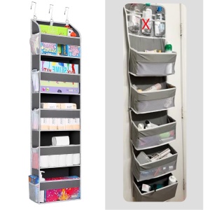 Organizator Suspendat pentru Usi, Flippy, din Nailon si Plasa, Baza de Carton Ingrosat, 5 Buzunare Principale + 10 Buzunare Laterale, 140 x 39 x 17 cm, 3 Carlige Incluse, Gri - Img 2