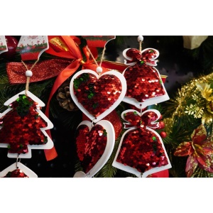 Ornament de brad trei inimi cu paiete, Flippy, rosu, lemn, 36 cm - Img 4