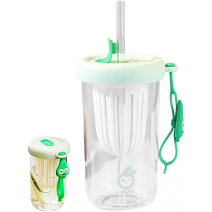 Pahar din silicon, cu capac si pai, pentru copii, Flippy, anti-cadere, compartiment pentru fructe/ceai/gheata, rezistent la temperaturi inalte, 500ml, Verde, 14.5x8.8x20 cm - Img 4