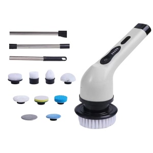 Perie Electrica de Curatare, Flippy, pentru Gresie, Baie, Bucatarie, 25x20x9.5 cm, cu 9 Capete, Maner Extensibil Detasabil 84-127cm, Incarcare USB-Type C, Rotire 360 de Grade, 3000 mAh, Culoare: Alb - Img 1