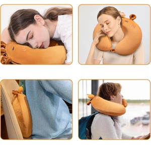 Perna de Calatorie in Forma de U, Flippy, Pentru Gat si Cap, Umplutura din Spuma cu Memorie, 30x30 cm, Model Capybara, Accesoriu de Voiaj, Birou, Masina, Sistem Prindere Capse, Maro - Img 2