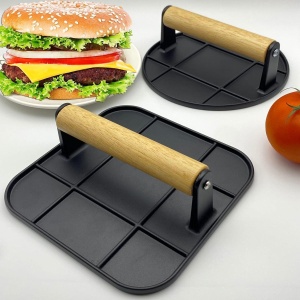 Presa Manuala pentru Carne, Flippy, din Aliaj de Aluminiu, Maner din Lemn, Presa pentru Burgeri, Usor de Curatat si Folosit, Rotunda, 16x16x6 cm, Neagra - Img 11