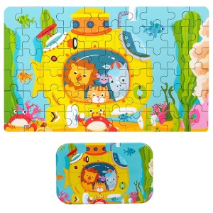 Puzzle 60 de Piese din Lemn in Cutie Metalica, Flippy, Model Submarin, Educativ, Dezvoltare Abilitati Cognitive, pentru Prescolari, 22.5x13.5 cm, Multicolor - Img 1