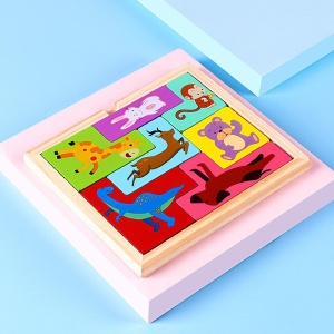 Puzzle din Lemn Flippy, Tip Tetris, +4 Ani, cu Animale Colorate 3D, 7 Piese, Multicolor - Img 3