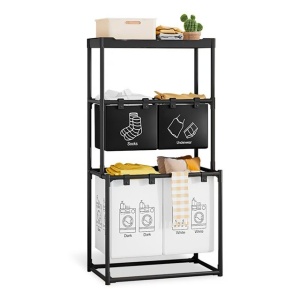Raft/Cos Depozitare Haine Murdare, Flippy, pentru Baie, cu 3 Etaje, 4 Cosuri, Cadru de Otel Inoxidabil, 123 x 44 x 57 cm, Negru - Img 1