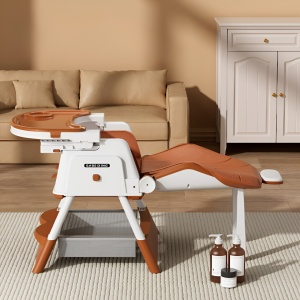 Scaun de Masa pentru Bebelusi si Copii Flippy, cu Roti, cu Tetiera, Telescopic, Pliabil, Masuta Reglabila, Suport Picioare, Scaun cu Invelis Piele Artificiala, Centura Siguranta, Spatiu Depozitare, 97 x 73 x 65 cm, Maro - Img 3