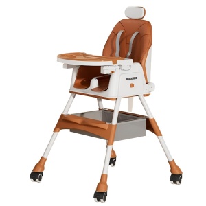 Scaun de Masa pentru Bebelusi si Copii Flippy, cu Roti, cu Tetiera, Telescopic, Pliabil, Masuta Reglabila, Suport Picioare, Scaun cu Invelis Piele Artificiala, Centura Siguranta, Spatiu Depozitare, 97 x 73 x 65 cm, Maro - Img 1
