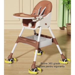 Scaun de masa pentru bebelusi si copii Flippy, cu roti, telescopic, pliabil, masuta reglabila, suport picioare, scaun invelis piele artificiala, centura siguranta, spatiu depozitare, 97 x 73 x 65 cm, maro - Img 8