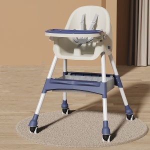 Scaun de Masa pentru Bebelusi si Copii, Flippy, cu Roti, Telescopic, Pliabil, Masuta Reglabila, Suport Picioare, Scaun cu Invelis Piele Artificiala, Centura Siguranta, Spatiu Depozitare, 97x73x65 cm, Albastru - Img 3