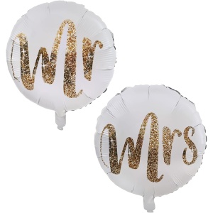 Set 12 Baloane din Folie Metalizata si din Latex, Flippy, Model Mr Mrs, Tema Nunta, Baloane Party cu Confetti, 45 cm, 30 cm, Pai inclus, Umflare cu Aer sau Heliu, Alb/Auriu - Img 1