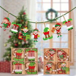 Set 12 Decoratiuni de Craciun din Lemn, Flippy, cu Snur pentru Agatare in Brad, Model Elfi Diferite Dimensiuni, 4 Modele, Multicolor - Img 2