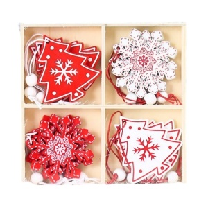 Set 12 Decoratiuni de Craciun din Lemn, Flippy, cu Snur pentru Agatare in Brad, Model Brazi si Fulgi de Nea, Alb-Rosu - Img 1
