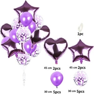Set 14 Baloane din Folie Metalizată si din Latex, Flippy, Figurine Stea si Inima 45 cm, Baloane Latex 30 cm, Tema Buchet, Ambalaj Individual, Pai Inclus, Umflare cu Aer sau Heliu, Mov - Img 2