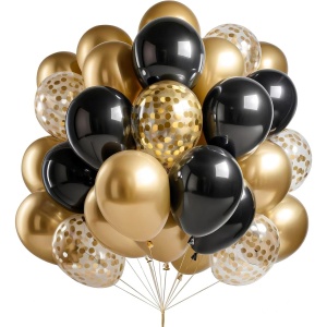 Set 16 Baloane din Latex, Flippy, Model Party, 30 cm, Auriu, Negru, Confetti, 2.8 g - Img 1
