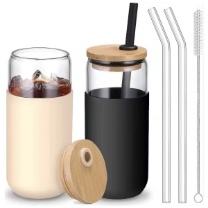 Set 2 Pahare din Sticla Termoizolante Transparente, Flippy, Capace si Paie Incluse, 500 mL, Silicon Negru si Crem - Img 5