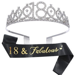 Set 2 Piese pentru Majorat, Flippy, 15 x 13 x 5 cm, Coronita Printesa Silver si Panglica 18&amp;Fabulous, Negru - Img 1