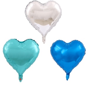 Set 3 Baloane din Folie Metalizata, Flippy, Figurina Inima, Tema Ziua Indragostitilor, 45 cm, Ambalaj Individual, Pai Inclus, Umflare cu Aer sau Heliu, Albastru/Argintiu - Img 1