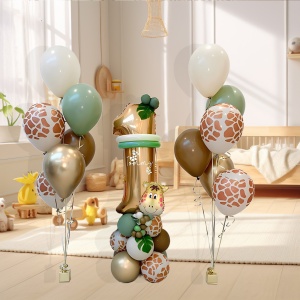 Set 30 Baloane Folie si Latex, Flippy, Tematica Prima Aniversare, Baloane Latex 30cm, 25cm, Figurina Girafa 32x34 cm, Frunza Palmier 15 cm, Cifra 1 76 cm, Multicolor - Img 7