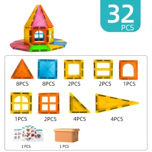 Set 32 Piese Magnetice de Constructie, Flippy, Piese 5.5 cm, Magnetic Tiles, Forme Geometrice, 3 Ani, ABS, Magnet, 20.5 x 14.5 x 12 cm, Multicolor - Img 5