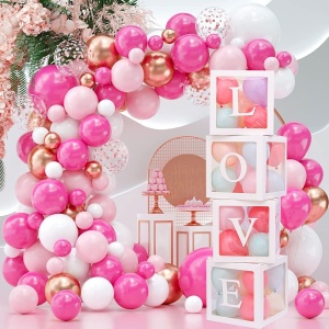 Set 4 Cutii pentru Baloane, Flippy, Model Scris Love, Tematica Iubire, Cuburi Decorative din Plastic, Accesorii pentru Petrecere, 30 x30 cm, Transparente Contur Alb - Img 6