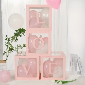 Set 4 Cutii pentru Baloane, Flippy, Model Scris Love, Tematica Iubire, Cuburi Decorative din Plastic, Accesorii pentru Petrecere, 30 x30 cm, Transparente Contur Roz - Img 6