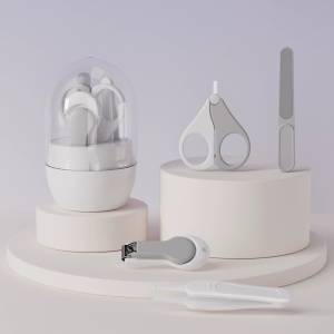 Set 4in1 de Ingrijire Unghii pentru Bebelusi, Flippy, Cutie de Depozitare Tip Borcan, 0-6 Ani, 10 x 7 x 6 cm, Alb/Gri - Img 4