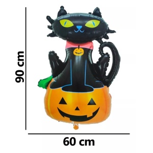Set 5 Baloane din Folie Metalizata, Flippy, Figurine, Tema Halloween, Pai Inclus, Ambalaj Individual, Umflare cu Aer sau Heliu, Figurina Dovleac si Pisica 90x60 cm, Stelute si Cerculete 45 cm, Portocaliu-Negru - Img 6