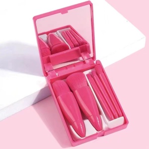 Set 5 Mini Pensule de Machiaj, Flippy, Portabile, in Carcasa cu Oglinda, din Par Sintetic Moale, Fucsia, 12x7x2.5 cm - Img 2