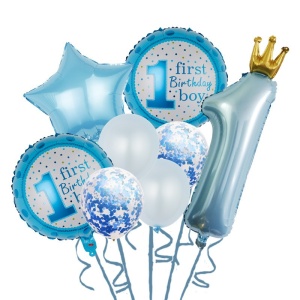 Set 8 Baloane din Folie Metalizată si din Latex, Flippy, Figurine Cifra 1 Printesa 91cm, Stea 45 cm si Cerc 55 cm, Baloane Latex 30 cm, Tema Prima Aniversare, Ambalaj Individual, Pai Inclus, Umflare cu Aer sau Heliu, Albastru - Img 1