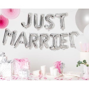 Set Baloane din Folie Metalizata, Flippy, Figurine Litere, Model Just Married, Tema Nunta, 40 cm, Baloane Party, Ambalaj Individual, Pai inclus, Umflare cu Aer sau Heliu, Argintiu - Img 2
