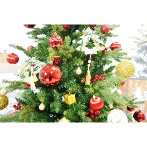 Set brad artificial de Craciun si elemente decorative, decorat cu conuri pin rosii, inaltime 210 cm, diametru 137 cm, 1172 ramuri, Flippy, verde, suport metalic inclus - Img 3