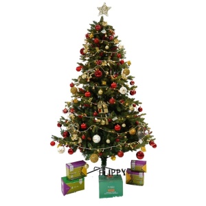 Set brad artificial de Craciun si elemente decorative, decorat cu conuri pin rosii, inaltime 210 cm, diametru 137 cm, 1172 ramuri, Flippy, verde, suport metalic inclus - Img 1