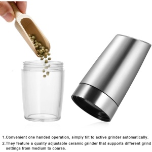 Set de 2 Rasnite electrice de Sare si Piper, Flippy, cu Camere Depozitare Transparente, Macinare, Functionare pe Baterii, cu Lumina, ABS, 20x6.5 cm, Argintiu/Transparent - Img 4