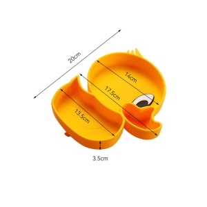 Set diversificare bebelusi Flippy, din silicon, 20 x 17.5 cm, 1 farfurie compartimentata in forma de rata, lingurita si furculita, pai, perie pai, fara alergeni, ventuza fixare, forma creativa, galben - Img 7
