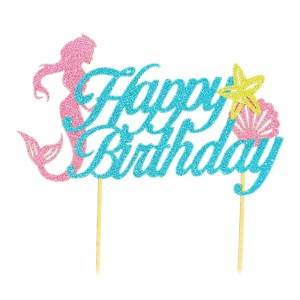 Set Toppere pentru Tort si Prajituri, Flippy, Tematica Sirena, Model Mare Scris Happy Birthday 16.5x8.2 cm, 6 Toppere Mici Model Marin 5x5 cm, Multicolor - Img 4