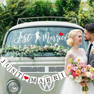 Sticker Autocolant, Flippy, Tematica Nunta, Model Indragostiti, cu Scris Just Married, 50x11.5 cm, Alb - Img 5