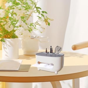 Suport pentru Servetele, Flippy, Cutie Multifunctionala, Design Minimalist, ABS, cu Suport pentru Obiectele Personale, pentru Birou, 21x12x12 cm, Gri - Img 9