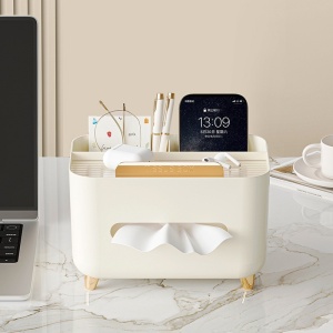 Suport pentru Servetele, Flippy, Cutie Multifunctionala, Design Minimalist, ABS, cu Suport pentru Obiectele Personale, pentru Birou, 21x15x13 cm, Crem - Img 10