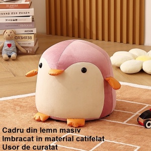 Taburet Pentru Copii, Flippy, Cadru din Lemn Masiv, 25 x 29 x 29 cm, Perna de Burete Elastica si Maner de Transport, in Forma de Pinguin, Roz - Img 5