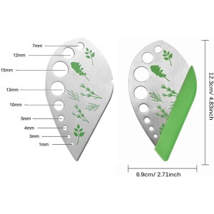 Tocator manual pentru ierburi Flippy, instrument de curatat frunze, margini ascutie, 9 gauri de diferite dimensiuni, multifunctional, material otel inoxidabil, maner ergonomic, rezistent la rugina, 12.3 x 6.9 cm, argintiu - Img 8