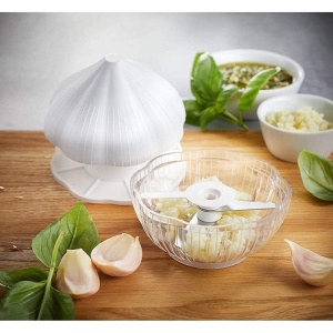Tocator manual pentru usturoi, in forma de usturoi, cutite rezistente, utilizare prin apasare, material ABS si inox, 9.5x9.5x9.3 cm, alb - Img 2
