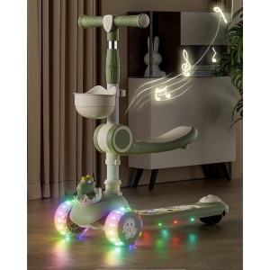 Trotineta Multifunctionala 3 in 1, Flippy, pentru Copii, 1-7 Ani, cu Lumini si Muzica, Reglabil 360, Pliere Usoara, Reglarea Inaltimii, Model Dinozaur, Bej/Verde - Img 3