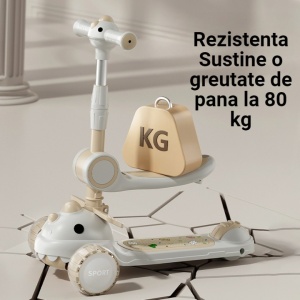 Trotineta Multifunctionala 6 in 1, Flippy, Pentru Copii De La 10 Luni Pana La 12 Ani, Cu Maner De Impingere, Reglabil 360, Pliere Usoara, Reglarea Inaltimii, Model Dinozaur, Alb/Bej - Img 5
