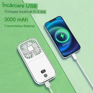 Ventilator Portabil Flippy, 3 in 1, de Mana, de Gat, de Birou, 16.7 x 8 x 1.9 cm, 3 Trepte de Viteza, Incarcare USB, Pliabil, Afisaj Digital, Suport Telefon, Alb - Img 3